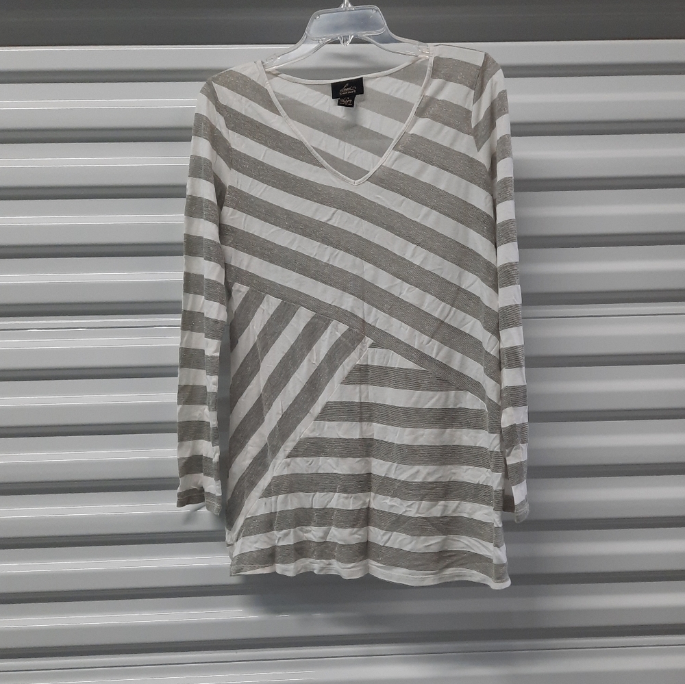 Loved By Heidi Klum Women's Top Blouse Gray Metallic Stripe V-Neck Long Sleeve